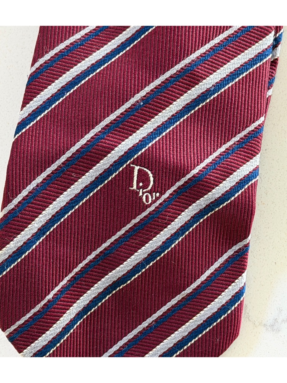 Men's Dior Burgundy Striped Tie with Subtle Embroidery - Picture 2 of 6